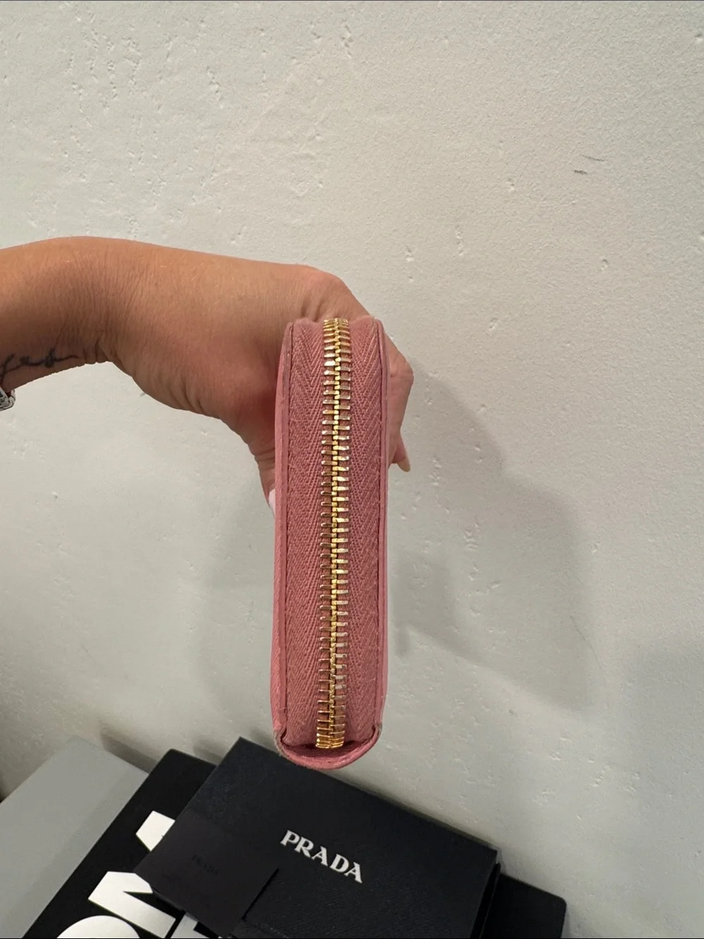 Prada Pink Saffiano Zip Wallet with Gold Hardware